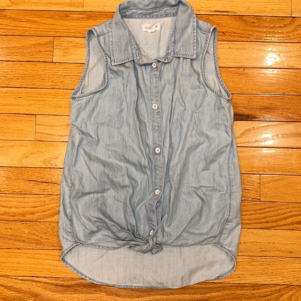Cat & Jack Girls Denim Top Shirt Tank Button Up Tie High Low Size Large 10 12